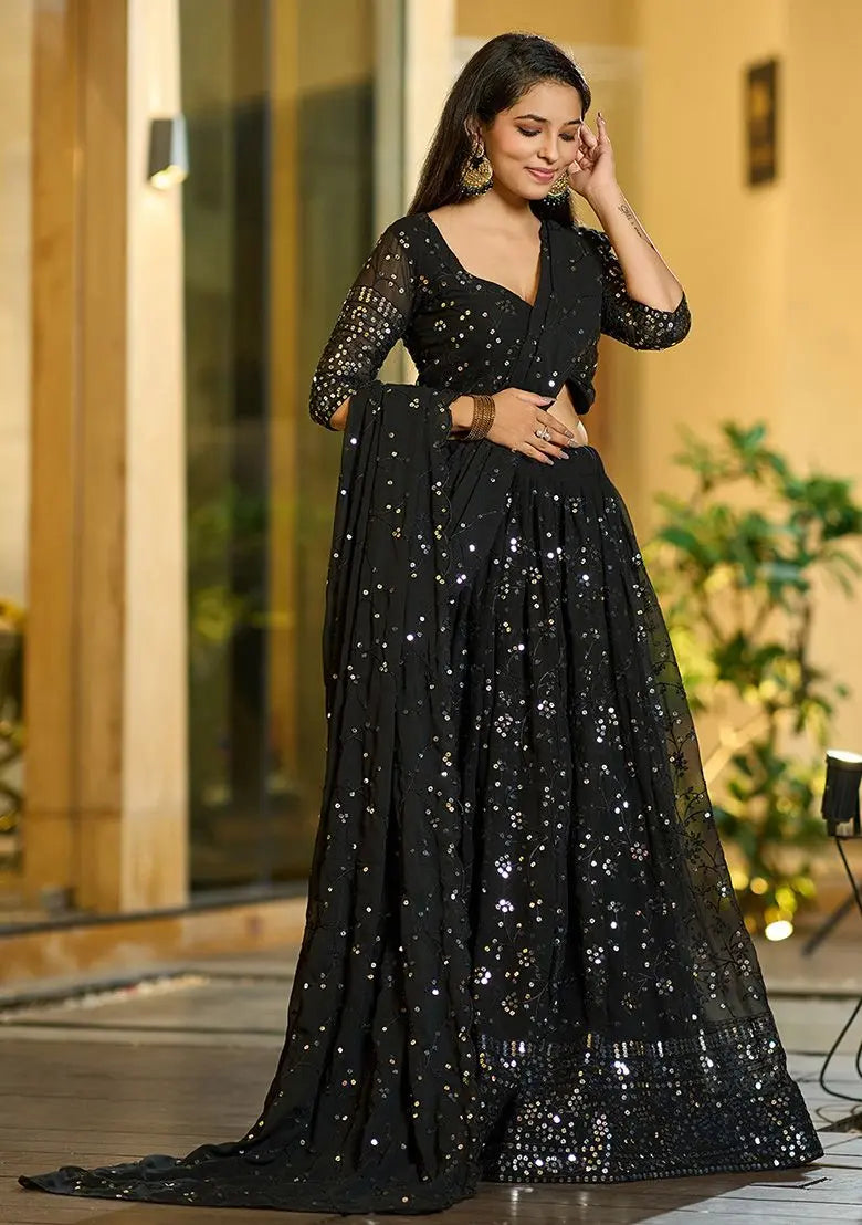 Black Sequin Embroidered Georgette Lehenga Set Pehenawa