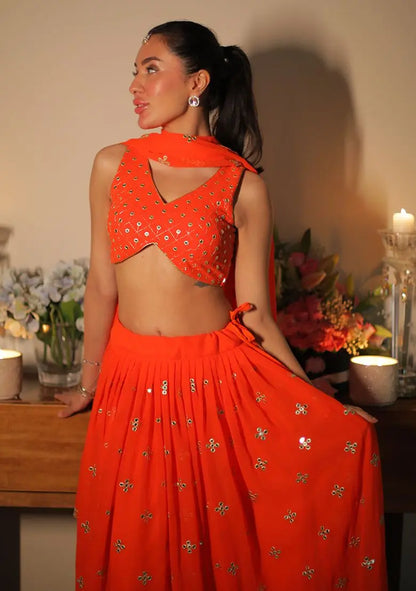 Orange Sequin Embroidered Faux Georgette Lehenga Set Pehenawa