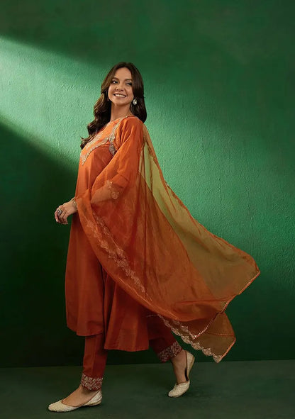 Orange Zari Sequin Embroidered Organza Kurta Set Pehenawa