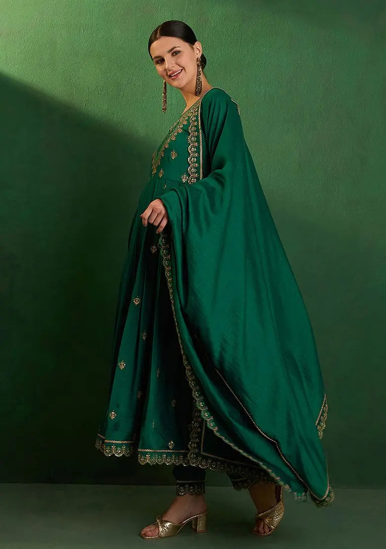 Green Zari Sequin Embroidered Vichitra Kurta Set Pehenawa