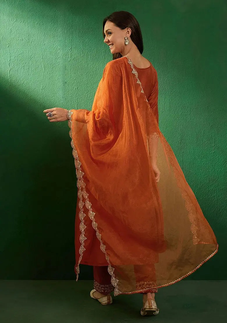 Orange Zari Sequin Embroidered Organza Kurta Set Pehenawa