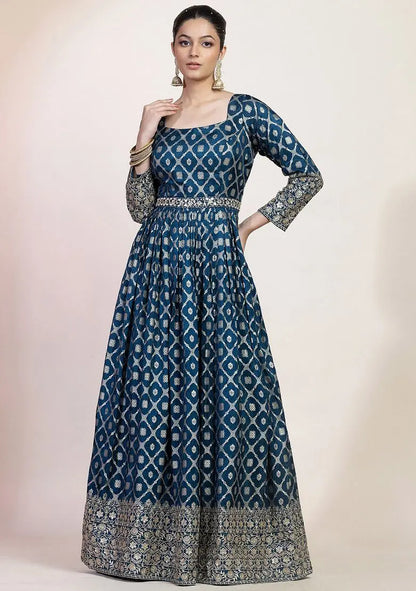 Teal Blue Floral Print Brocade Anarkali With Dupatta Pehenawa