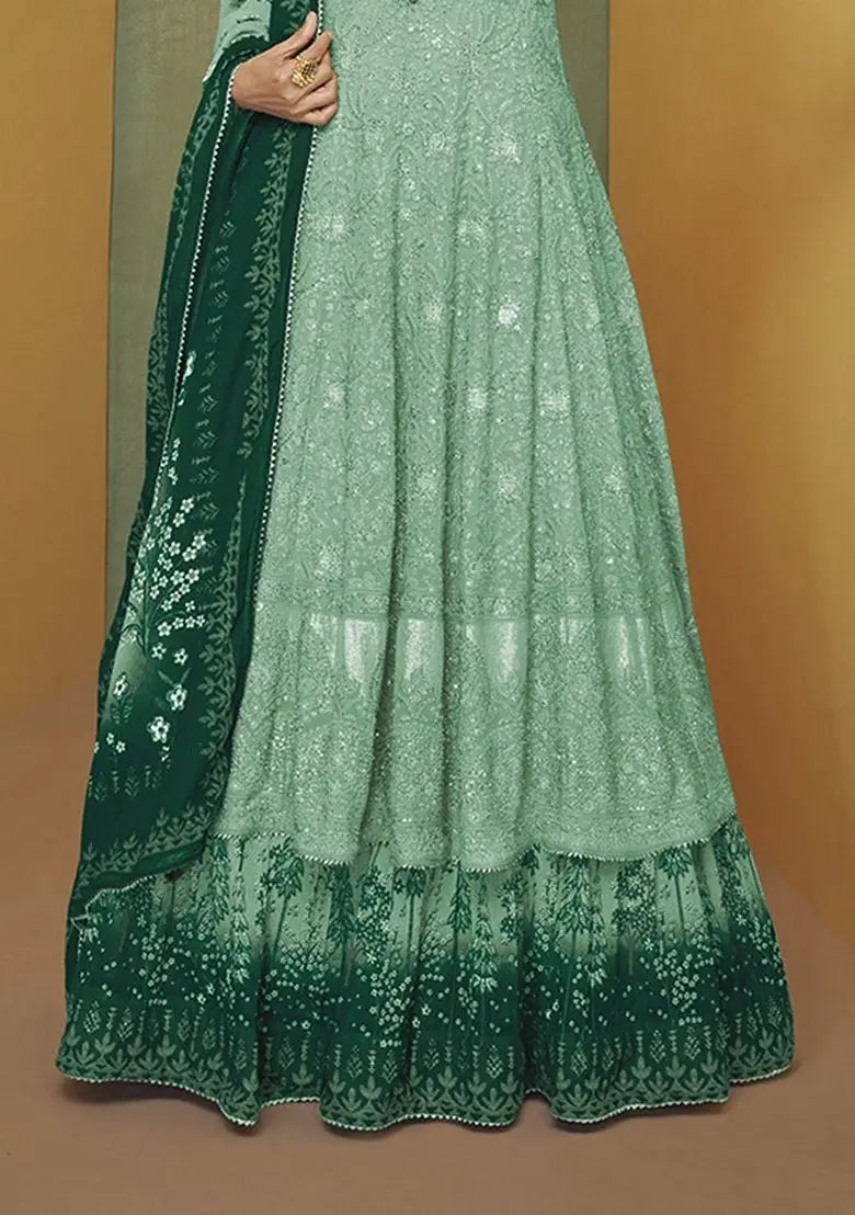 Sea Green Embroidered Faux Georgette Anarkali Gown Set Pehenawa