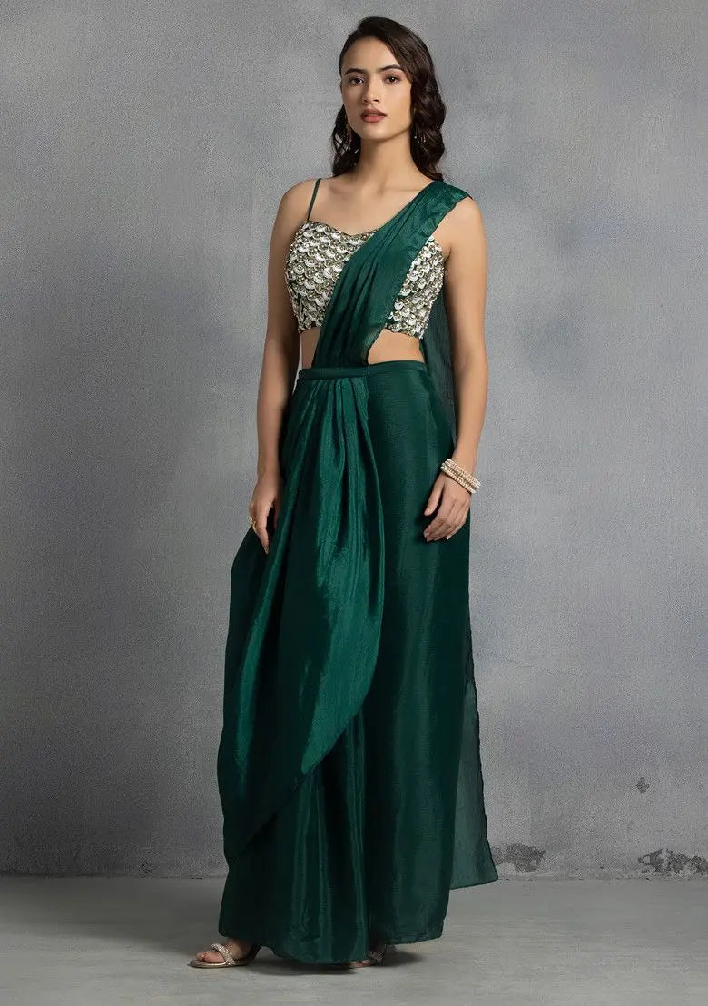 Green Pre-Stitched Saree Set With Abstract Sequin Bead Hand Embroidered Blouse Pehenawa