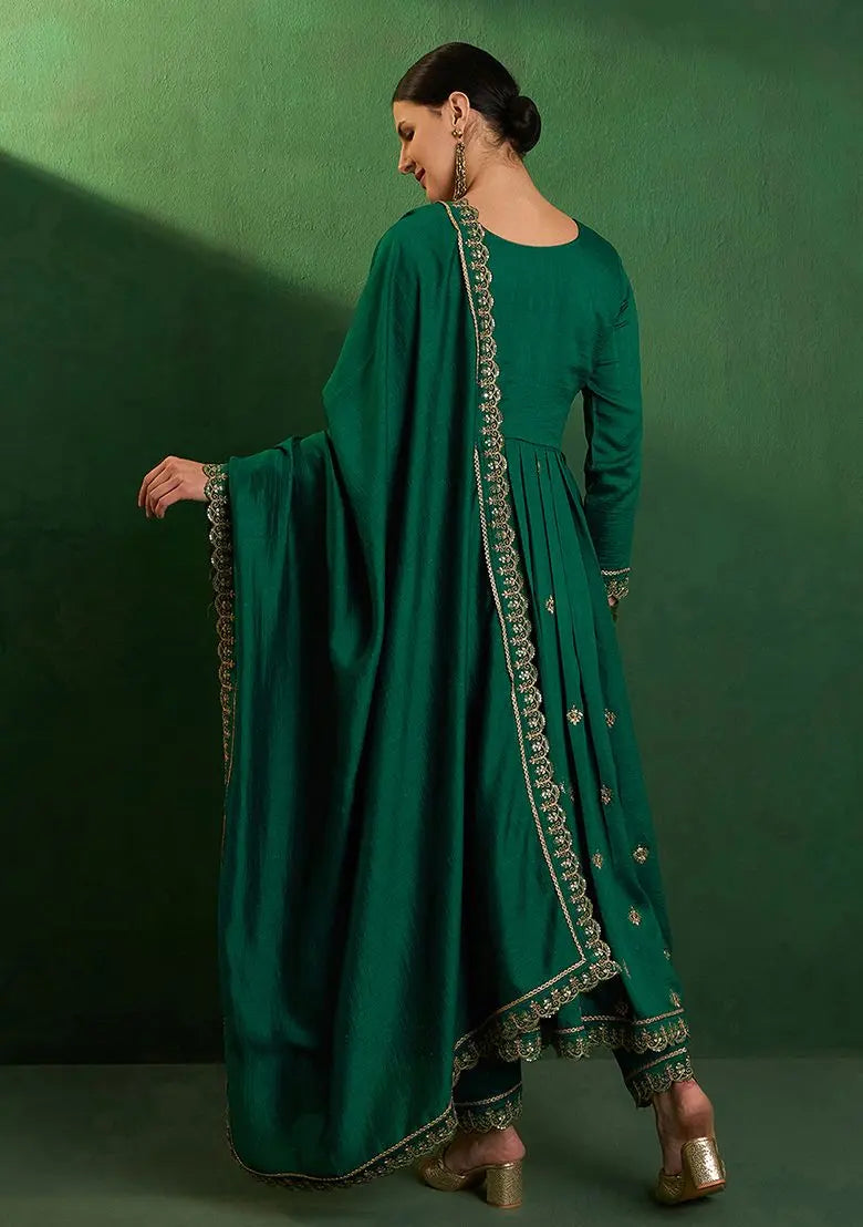 Green Zari Sequin Embroidered Vichitra Kurta Set Pehenawa