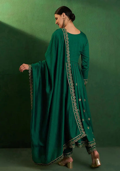 Green Zari Sequin Embroidered Vichitra Kurta Set Pehenawa