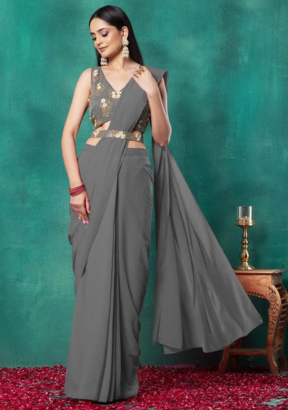 Grey Pre-Stitched Saree Set With Hand Embroidered Blouse And Belt Pehenawa