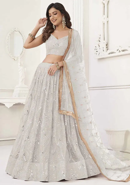 Off White Sequin Thread Embroidered Net Lehenga Pehenawa