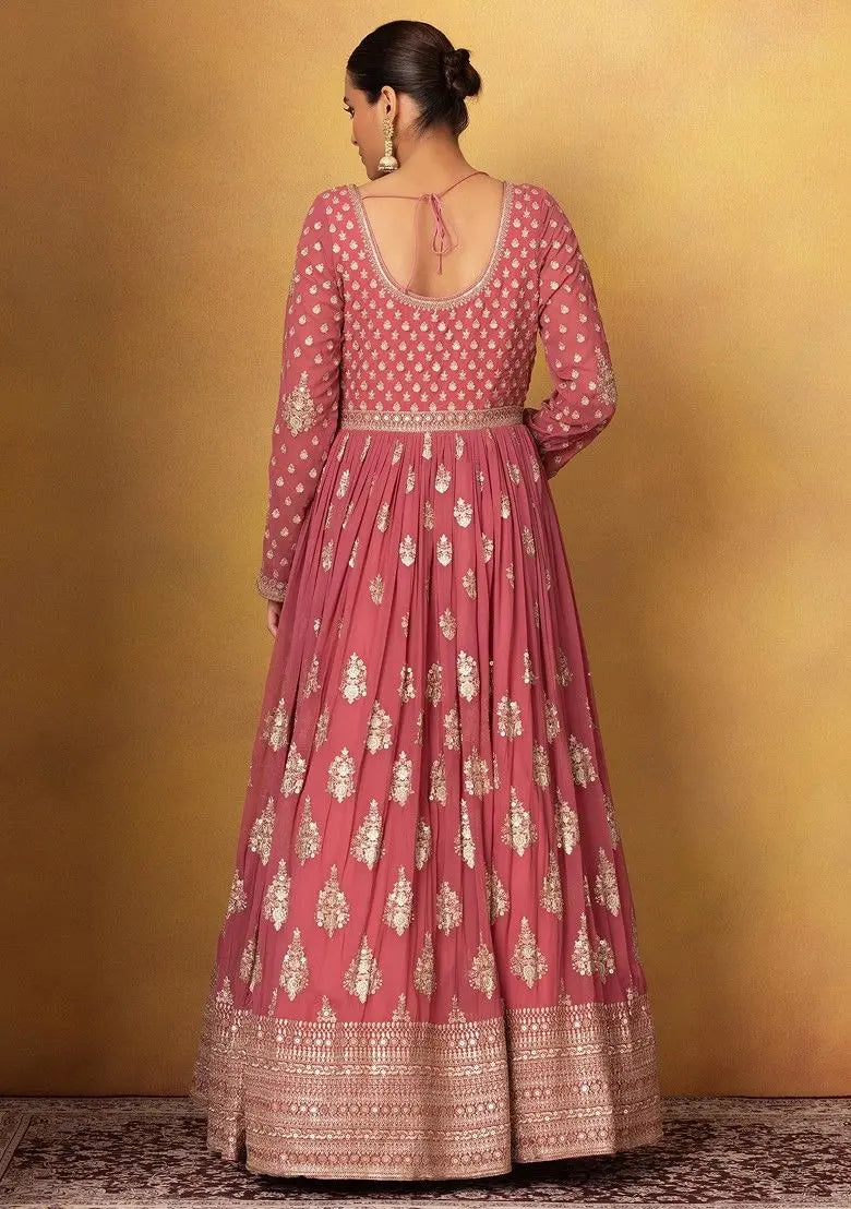 Pink Floral Sequin Embellished Anarkali Gown With Dupatta Pehenawa