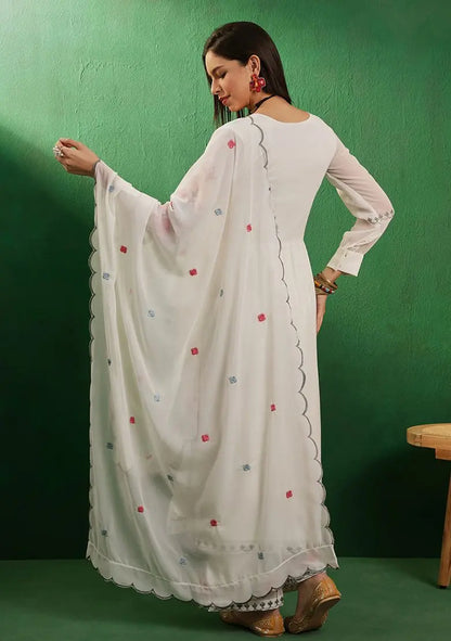 Off White Mirror Thread Embroidered Georgette Kurta Set Pehenawa