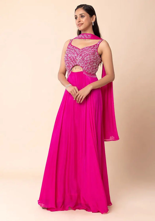 Fuchsia Pink Sequin Embellished Anarkali Gown With Dupatta Pehenawa