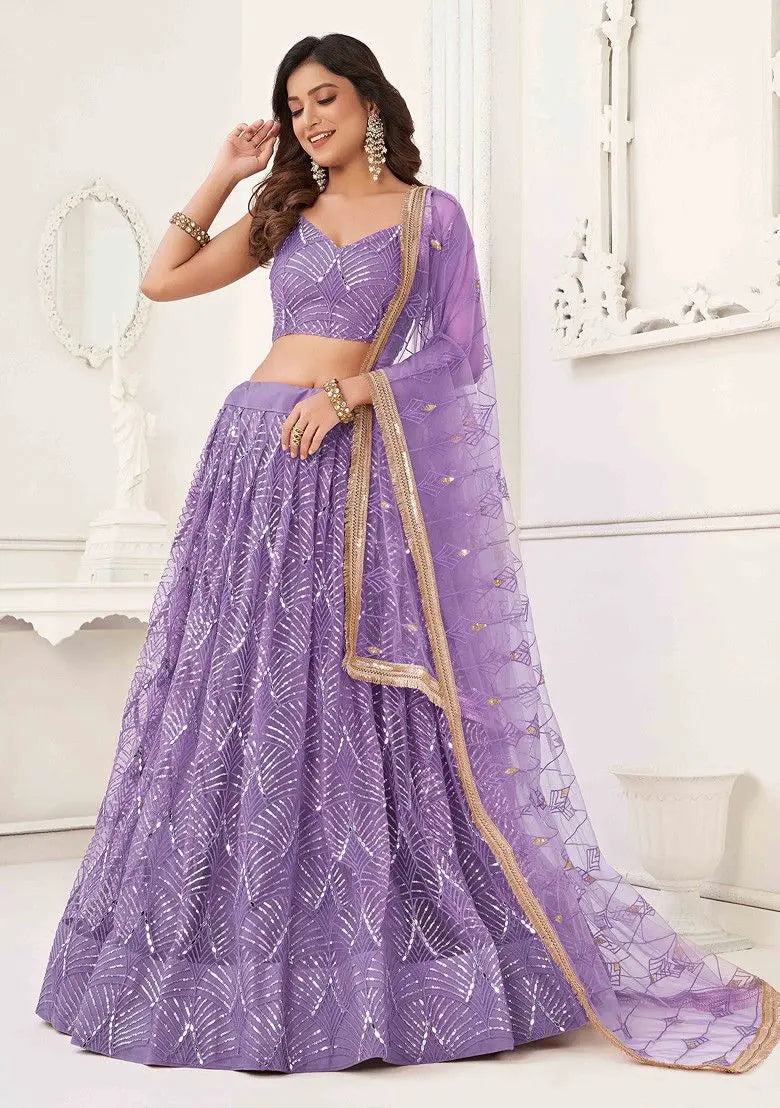 Lavender Thread Sequin Embroidered Net Lehenga Pehenawa