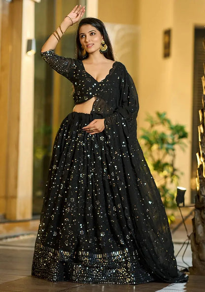 Black Sequin Embroidered Georgette Lehenga Set Pehenawa