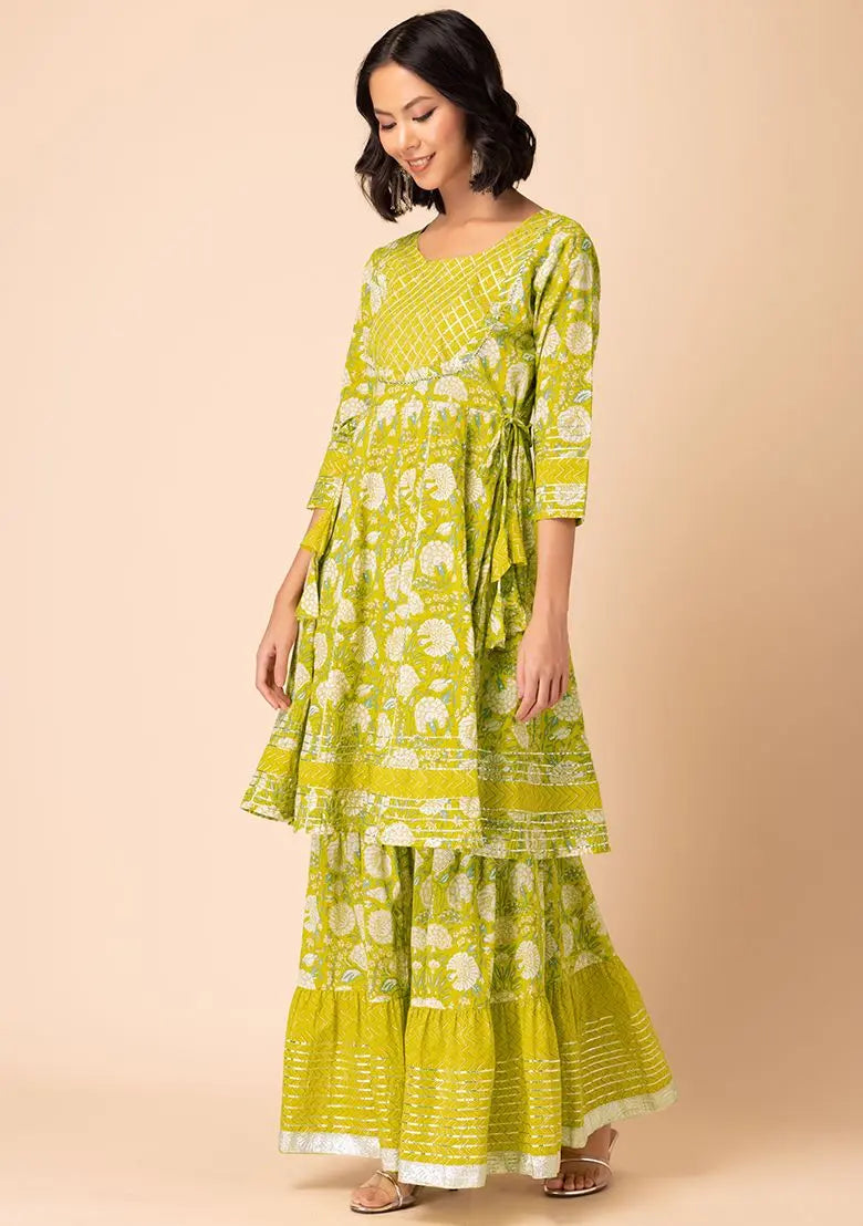 Light Yellow Chevron Print Cotton Sharara With Anarkali Kurta And Dupatta (Set of 3) Pehenawa