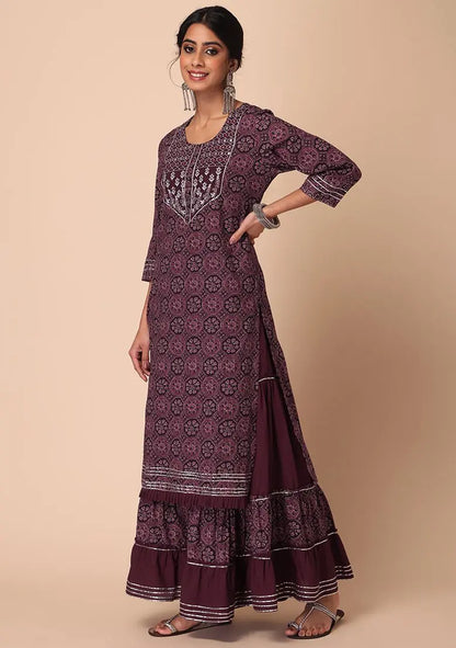 Maroon Ajrakh Print Cotton Sharara With Kurta And Dupatta (Set of 3) Pehenawa