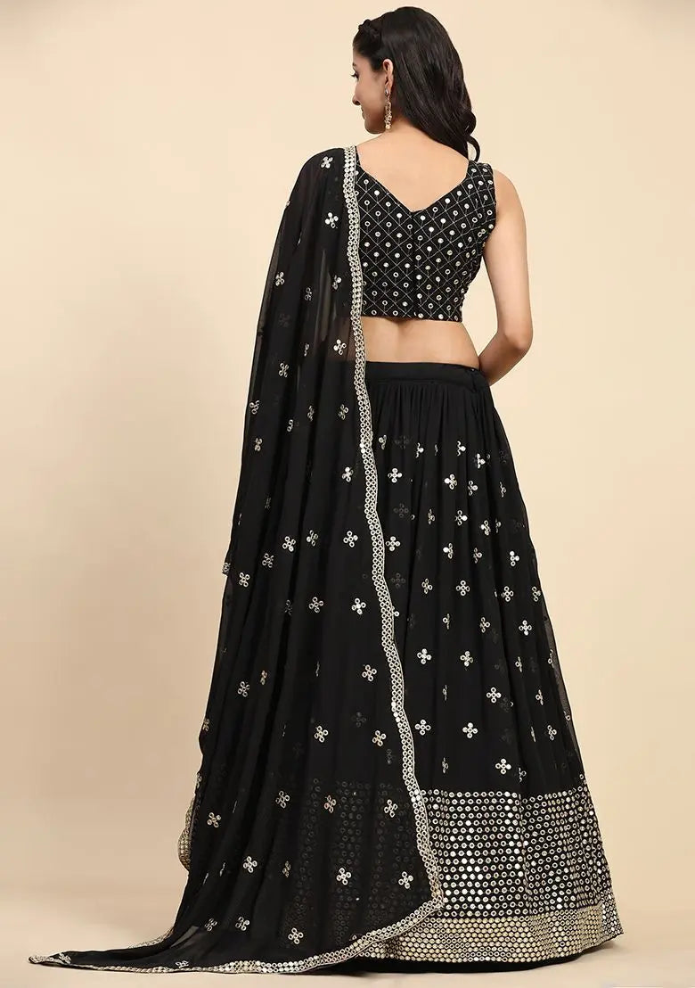 Black Sequin Embroidered Faux Georgette Lehenga Set Pehenawa