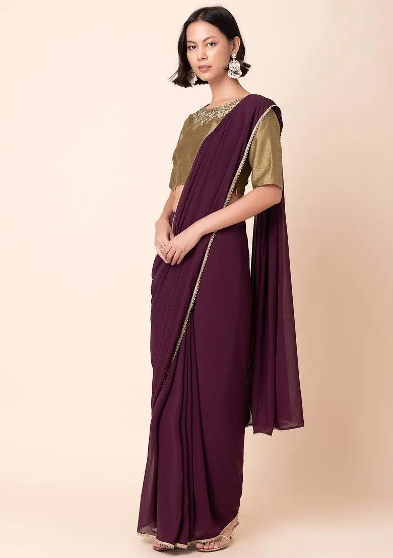 Wine Scallop Border Pre-Stitched Saree Pehenawa