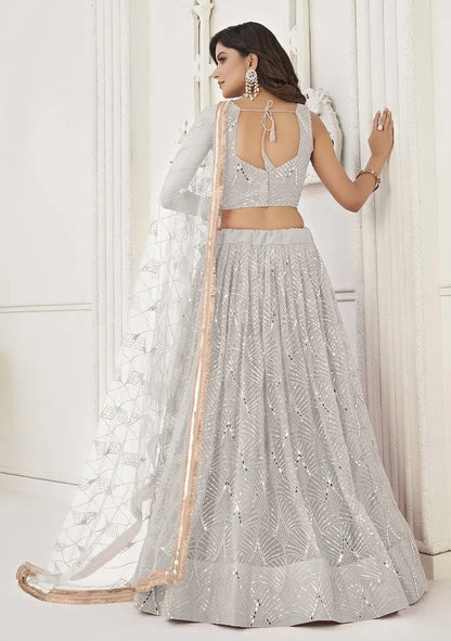 Off White Sequin Thread Embroidered Net Lehenga Pehenawa