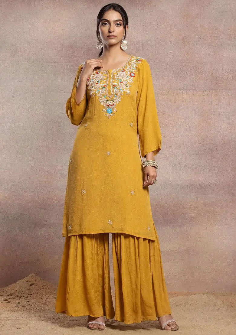 Mustard Sharara Set With Floral Sequin Embellished Kurta And Dupatta Pehenawa