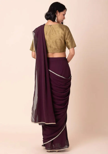 Wine Scallop Border Pre-Stitched Saree Pehenawa