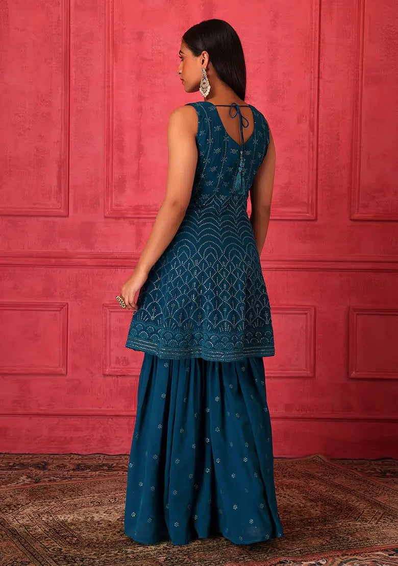 Teal Embroidered Sharara Set With Short Kurta And Dupatta Pehenawa