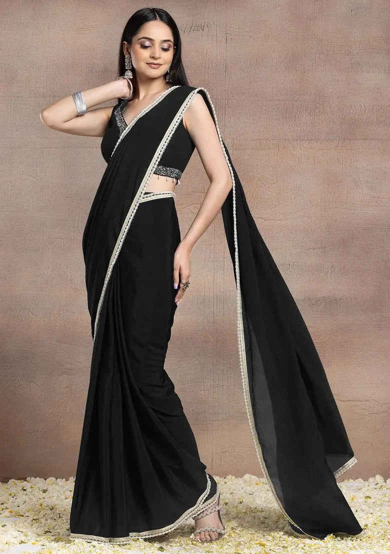 Black Pearl Embellished Pre-Stitched Saree Set With Hand Embroidered Blouse Pehenawa