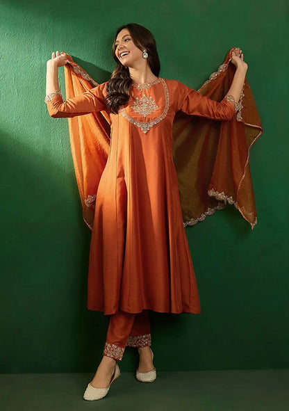 Orange Zari Sequin Embroidered Organza Kurta Set Pehenawa