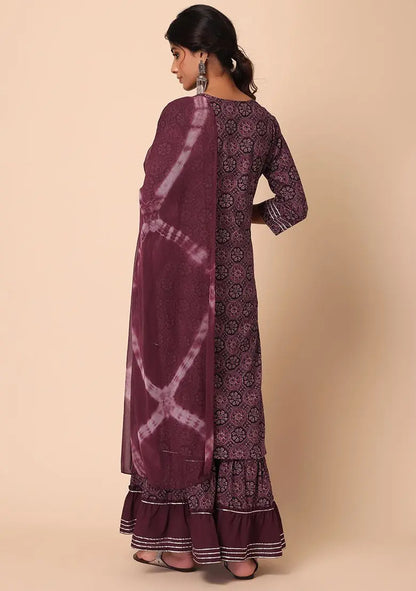 Maroon Ajrakh Print Cotton Sharara With Kurta And Dupatta (Set of 3) Pehenawa