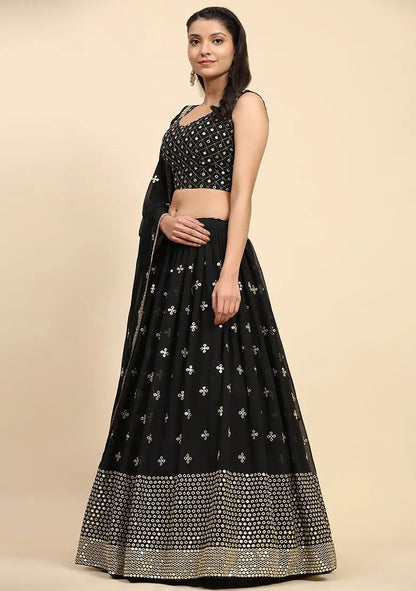 Black Sequin Embroidered Faux Georgette Lehenga Set Pehenawa