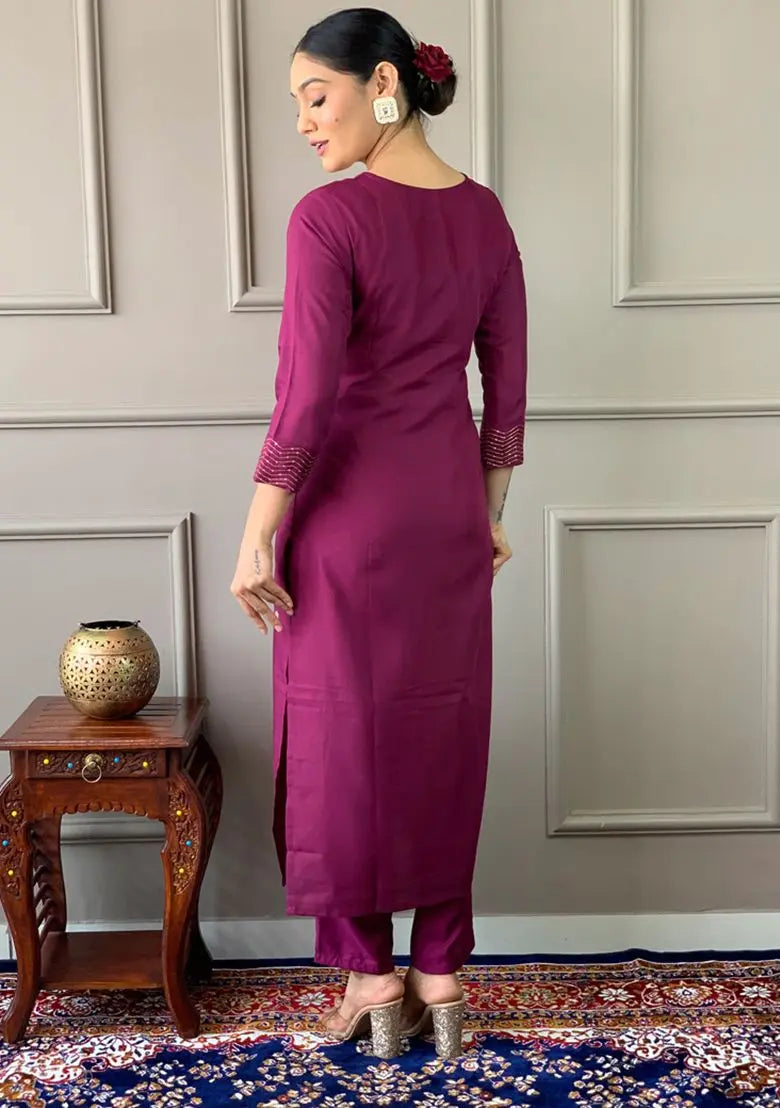 Purple Embroidered Rayon Slub Kurta Set Pehenawa