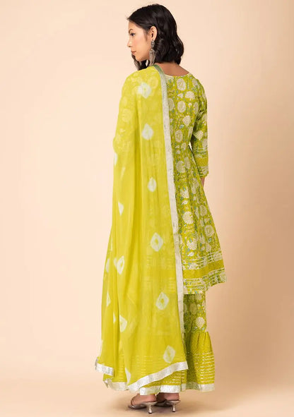 Light Yellow Chevron Print Cotton Sharara With Anarkali Kurta And Dupatta (Set of 3) Pehenawa