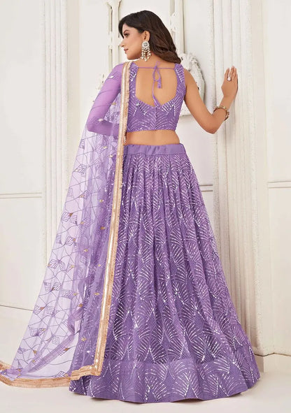 Lavender Thread Sequin Embroidered Net Lehenga Pehenawa