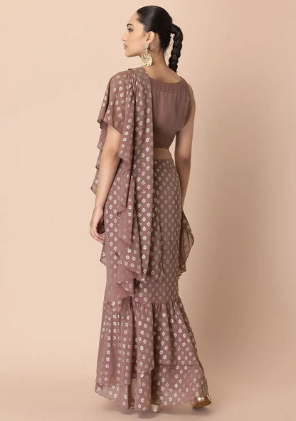 Dusty Pink Foil Print Pre-Stitched Saree Pehenawa