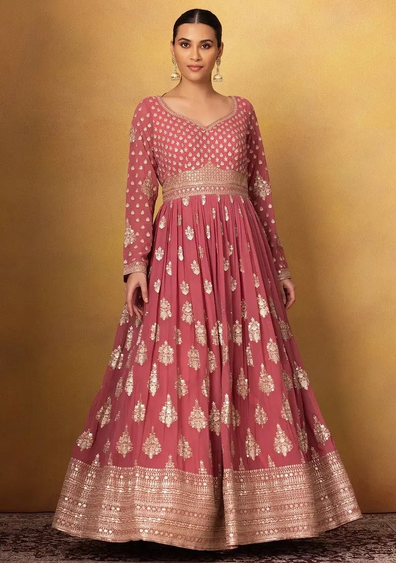 Pink Floral Sequin Embellished Anarkali Gown With Dupatta Pehenawa