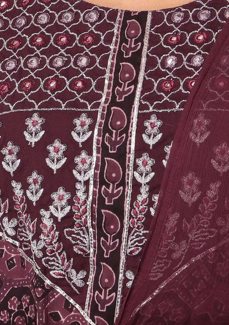 Maroon Ajrakh Print Cotton Sharara With Kurta And Dupatta (Set of 3) Pehenawa