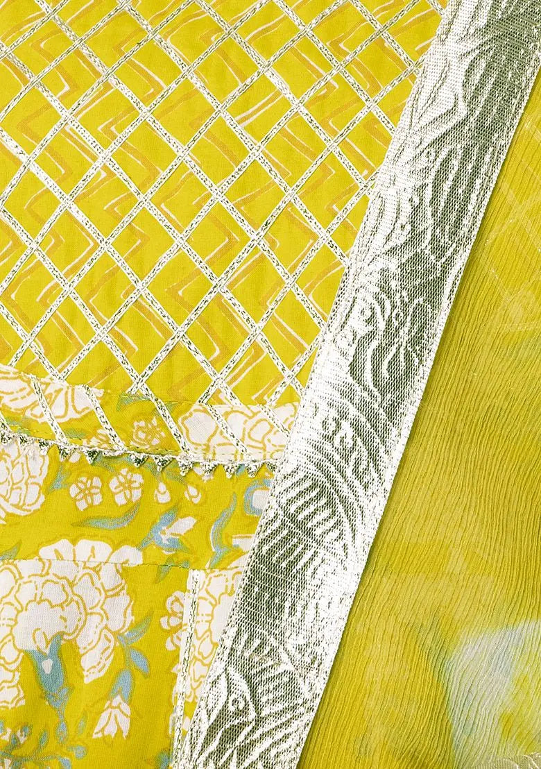 Light Yellow Chevron Print Cotton Sharara With Anarkali Kurta And Dupatta (Set of 3) Pehenawa