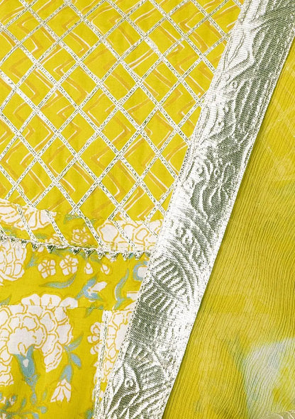 Light Yellow Chevron Print Cotton Sharara With Anarkali Kurta And Dupatta (Set of 3) Pehenawa