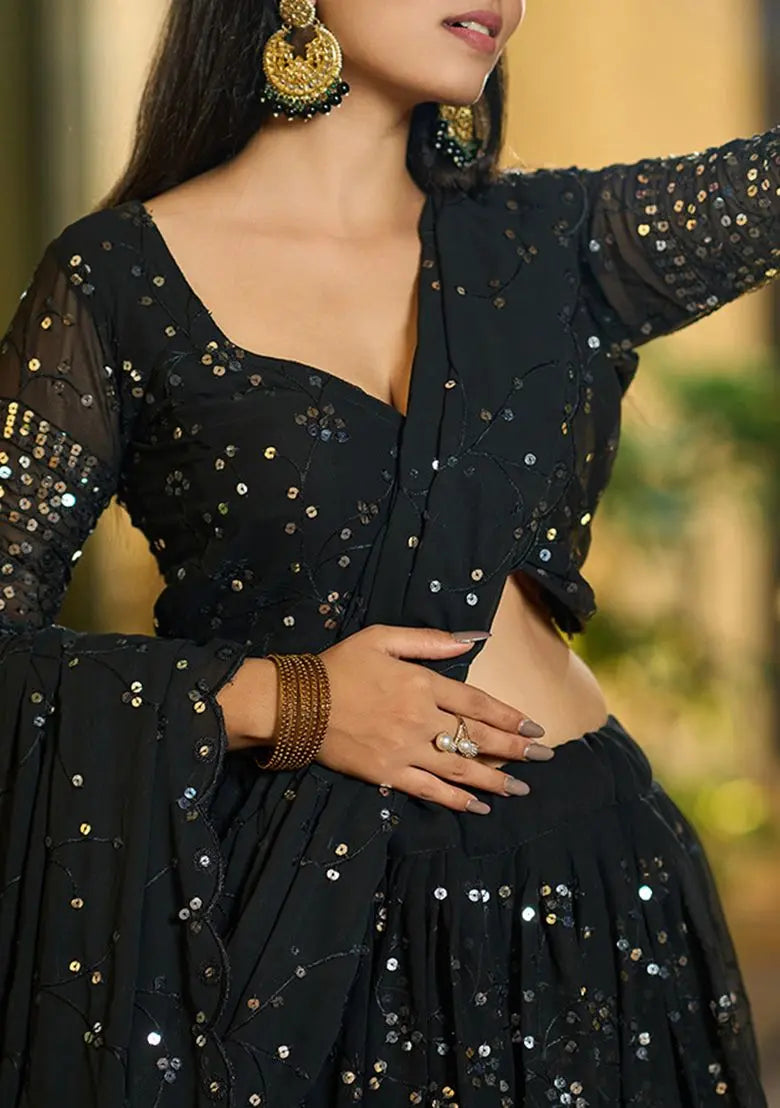 Black Sequin Embroidered Georgette Lehenga Set Pehenawa