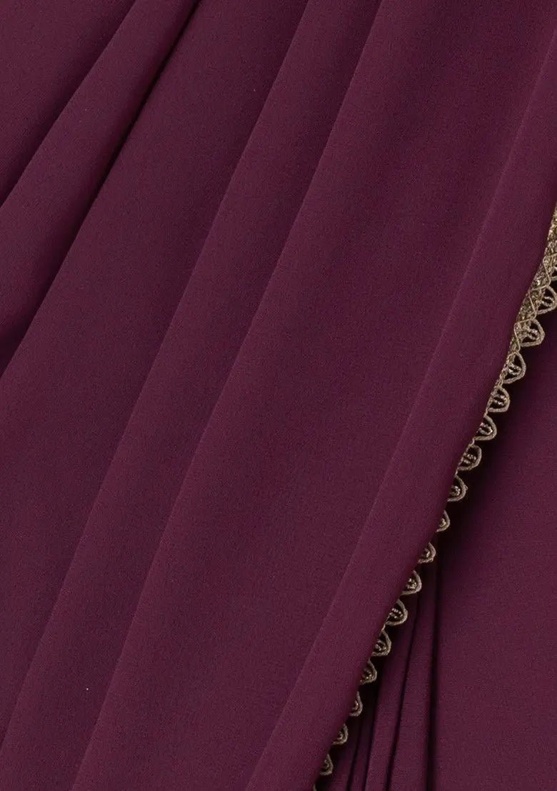 Wine Scallop Border Pre-Stitched Saree Pehenawa