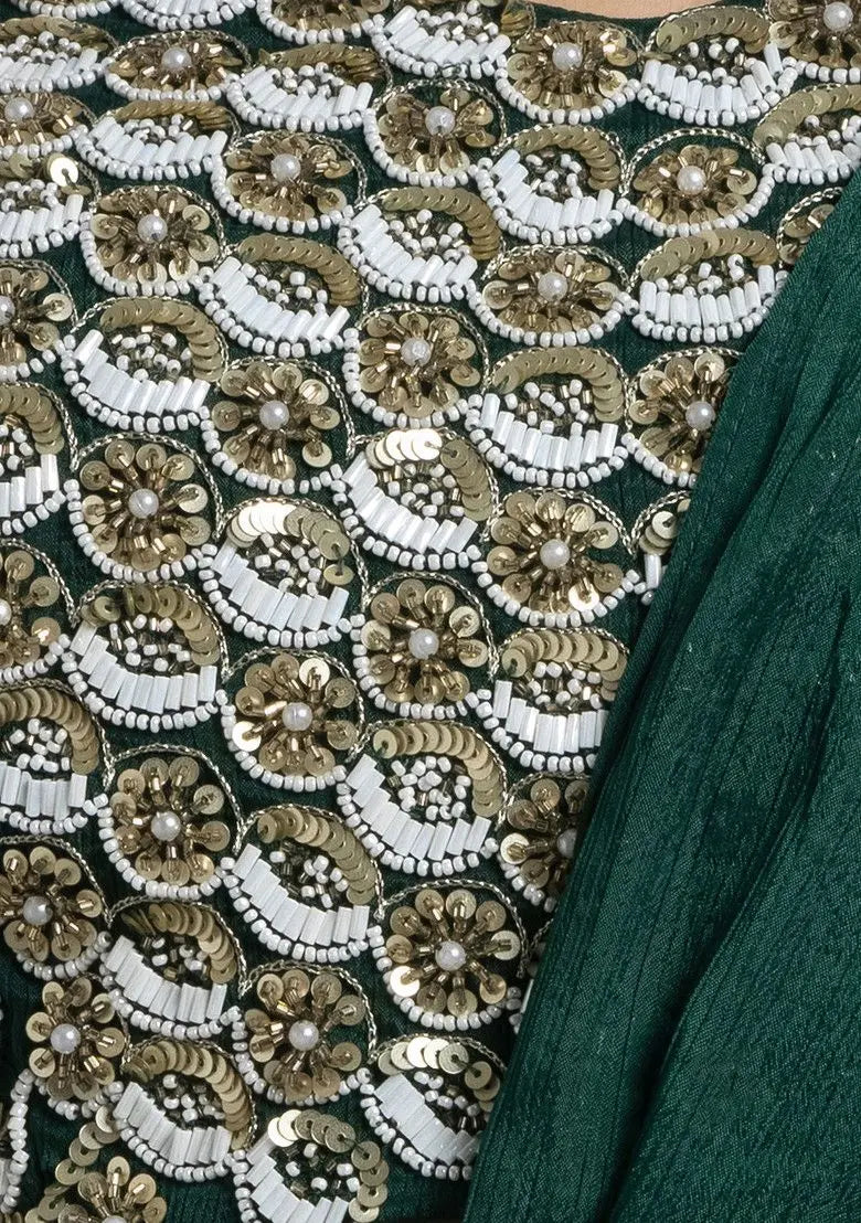 Green Pre-Stitched Saree Set With Abstract Sequin Bead Hand Embroidered Blouse Pehenawa