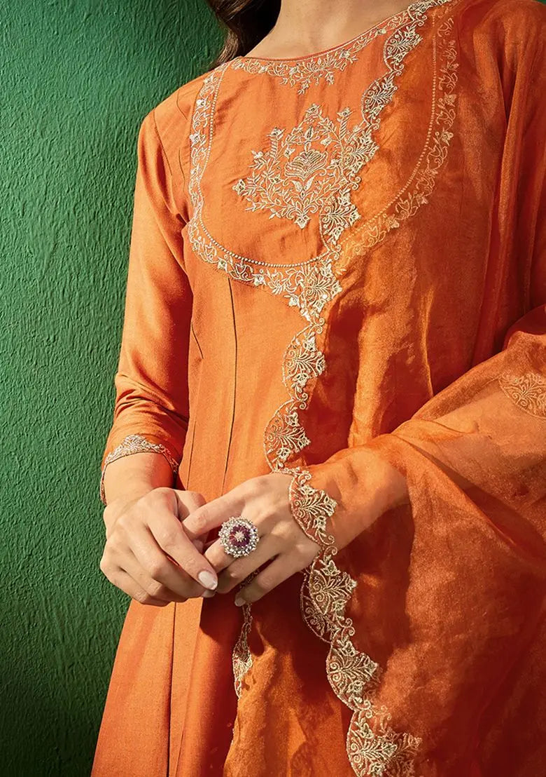 Orange Zari Sequin Embroidered Organza Kurta Set Pehenawa