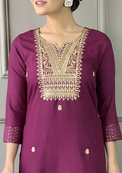 Purple Embroidered Rayon Slub Kurta Set Pehenawa