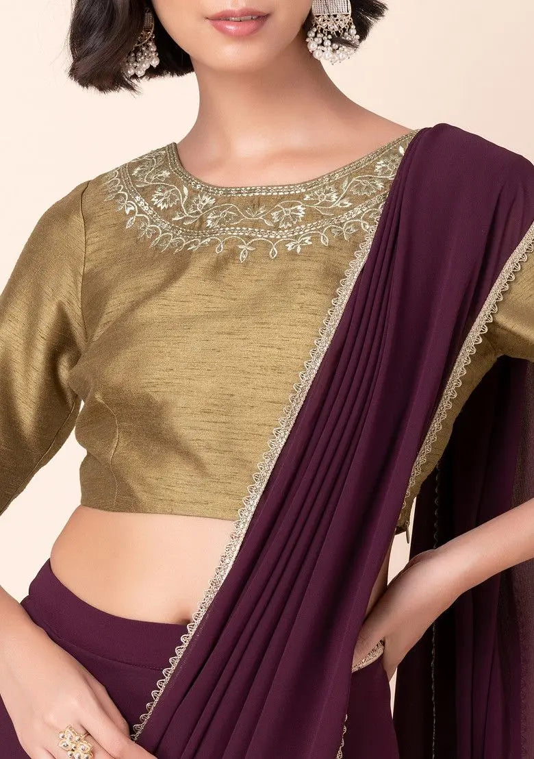 Wine Scallop Border Pre-Stitched Saree Pehenawa