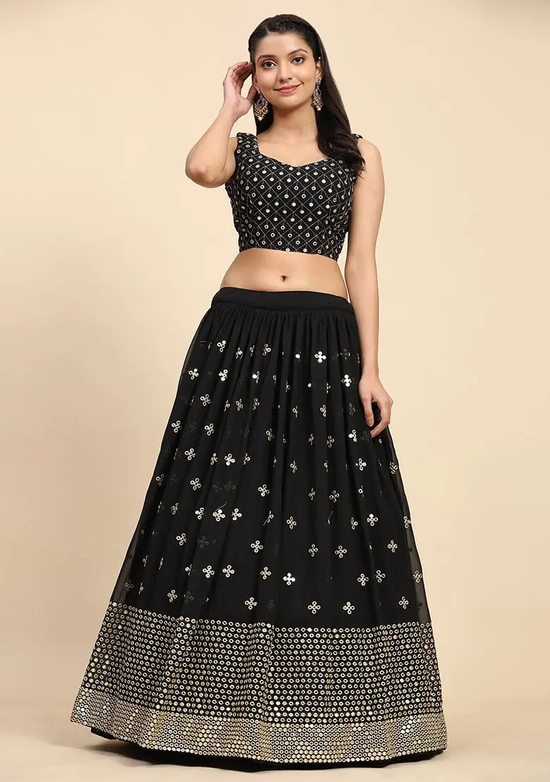 Black Sequin Embroidered Faux Georgette Lehenga Set Pehenawa