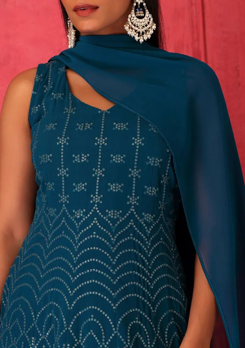 Teal Embroidered Sharara Set With Short Kurta And Dupatta Pehenawa