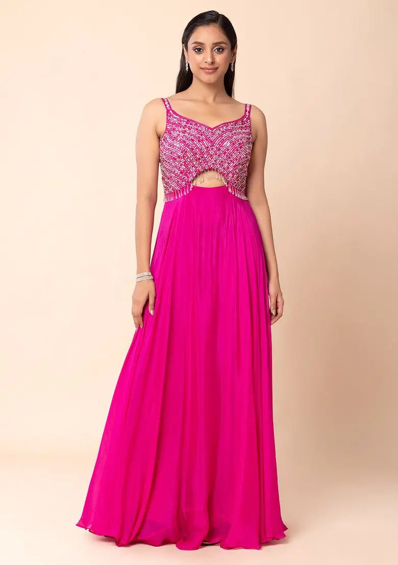 Fuchsia Pink Sequin Embellished Anarkali Gown With Dupatta Pehenawa