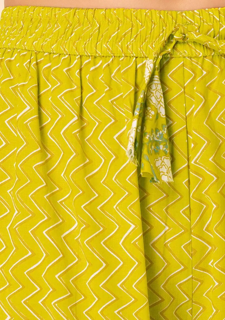 Light Yellow Chevron Print Cotton Sharara With Anarkali Kurta And Dupatta (Set of 3) Pehenawa