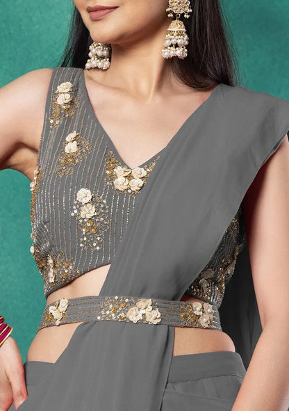 Grey Pre-Stitched Saree Set With Hand Embroidered Blouse And Belt Pehenawa