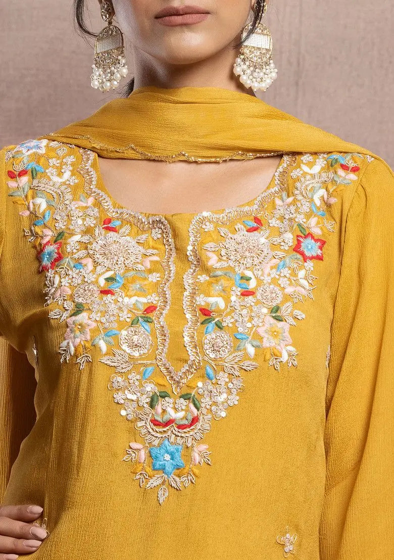 Mustard Sharara Set With Floral Sequin Embellished Kurta And Dupatta Pehenawa