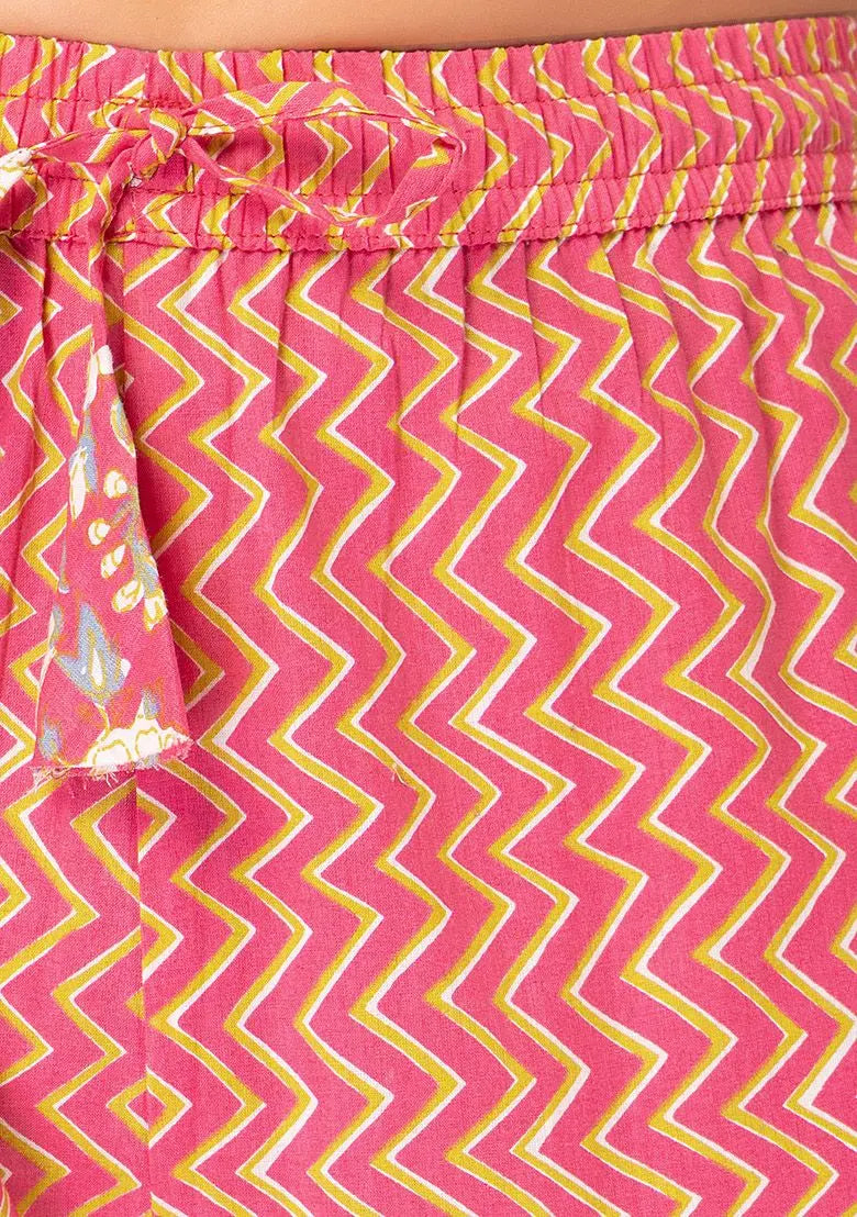 Pink Chevron Print Cotton Sharara With Anarkali Kurta And Dupatta (Set of 3) Pehenawa